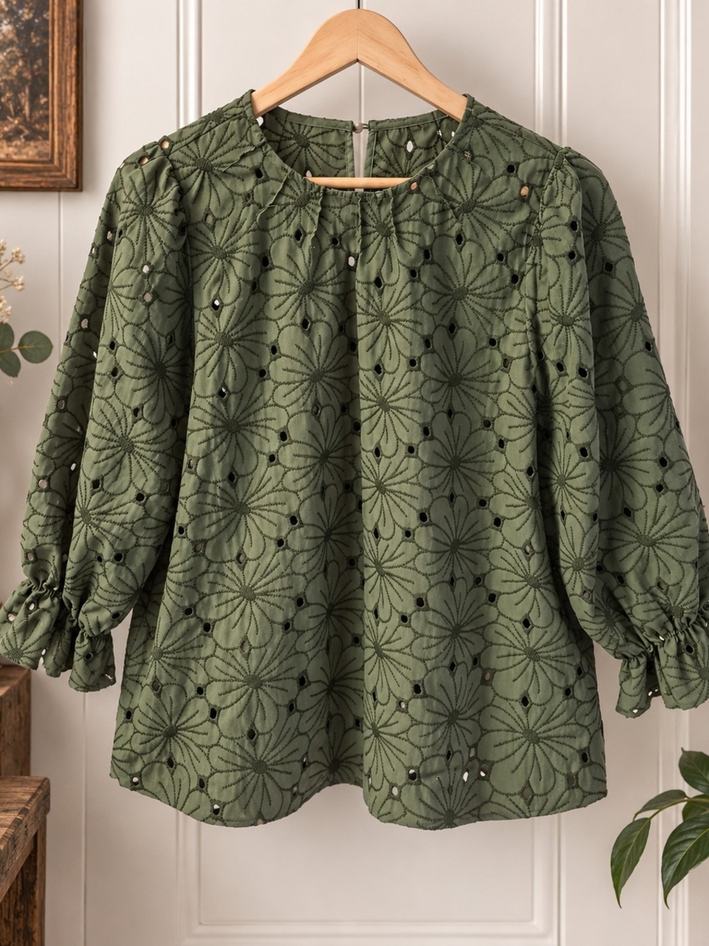 Olive Green Floral Eyelet Embroidered Blouse Ruffle Sleeve